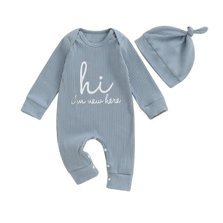 Baby Boys Girls 2Pcs Hi I'm New Here Romper Letter Print Long Sleeve Crew Neck Jumpsuit Bodysuit with Hat Set