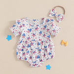 Baby Girl 2Pcs 4th of July Outfit Love Heart Star Pattern Ruffled Crew Neck Short Sleeve Romper & Bow Headband Set