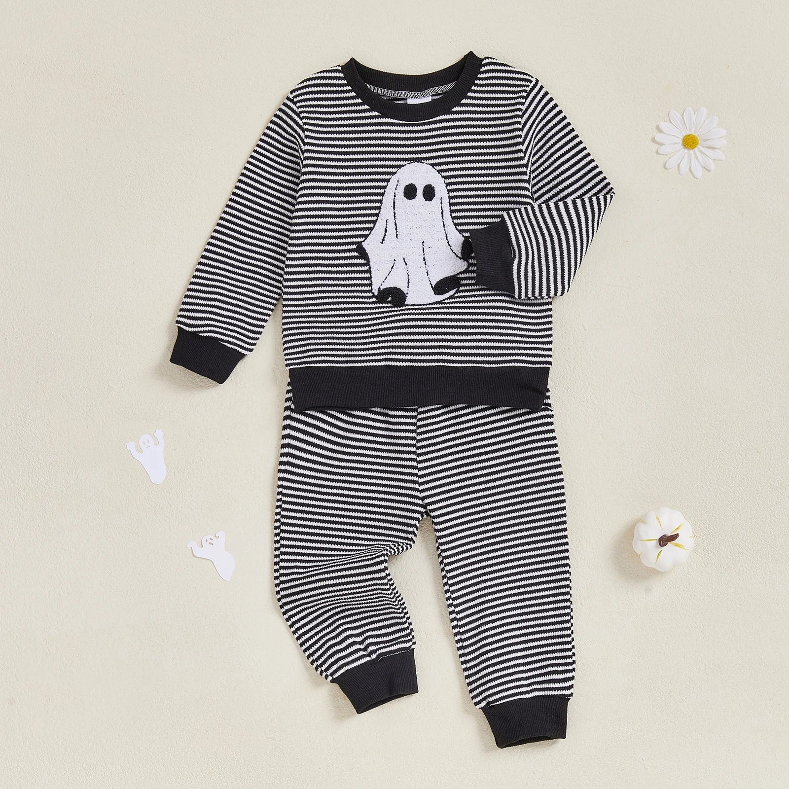 Baby Toddler Boys 2Pcs Halloween Outfit Ghost Embroidery Striped Long Sleeve Top and Elastic Pants Clothes Set