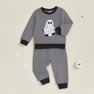 Baby Toddler Boys 2Pcs Halloween Outfit Ghost Embroidery Striped Long Sleeve Top and Elastic Pants Clothes Set