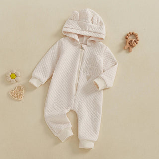 Baby Boys Girls Hello World Jumpsuit Long Sleeve Solid Hooded Hood with Ears Embroidery Letters Zipper Romper Clothes