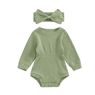 Baby Girls Spring Fall Solid Color Round Neck Long Sleeve Ribbed Romper Bow Headband Set