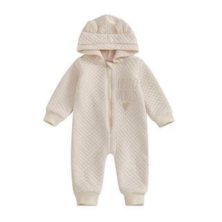 Baby Boys Girls Hello World Jumpsuit Long Sleeve Solid Hooded Hood with Ears Embroidery Letters Zipper Romper Clothes