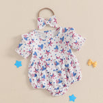 Baby Girl 2Pcs 4th of July Outfit Love Heart Star Pattern Ruffled Crew Neck Short Sleeve Romper & Bow Headband Set