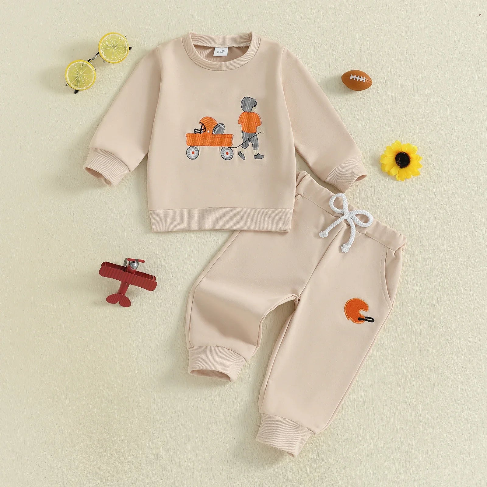 Baby Toddler Boys 2Pcs Autumn Long Sleeve Football Embroidery Top Drawstring Jogger Pants Set