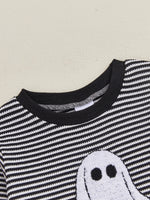 Baby Toddler Boys 2Pcs Halloween Outfit Ghost Embroidery Striped Long Sleeve Top and Elastic Pants Clothes Set