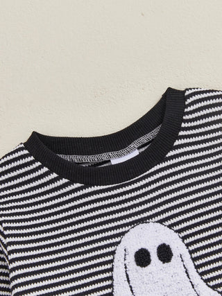 Baby Toddler Boys 2Pcs Halloween Outfit Ghost Embroidery Striped Long Sleeve Top and Elastic Pants Clothes Set