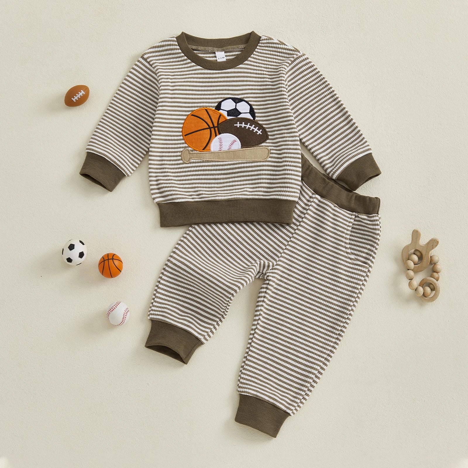 Baby Toddler Boys 2Pcs Fall Outfit Rugby Embroidery Striped Long Sleeve Top and Elastic Pants Clothes Set