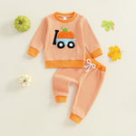 Baby Toddler Boy Girl 2Pcs Halloween Outfit Pumpkin Embroidery Boo Ghost Striped Long Sleeve Top and Elastic Jogger Pants Set