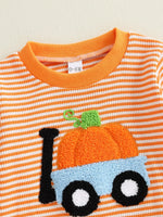Baby Toddler Boy Girl 2Pcs Halloween Outfit Pumpkin Embroidery Boo Ghost Striped Long Sleeve Top and Elastic Jogger Pants Set