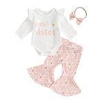 Baby Girls 3Pcs Little Sister Fall Set Frill Sleeve Letter Print Romper Floral Flower Flared Pants Headband Outfit