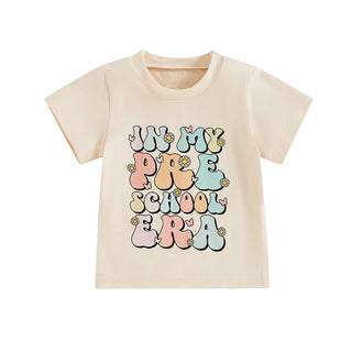Toddler Kids Girls In My Preschool Era Back to School Colorful Letter & Floral Flowers Print Round Neck Short Sleeve Top