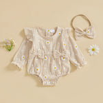 Baby Girl Fall Bubble Romper Daisy Print Long Sleeve Round Neck Bow Jumpsuit with Headband