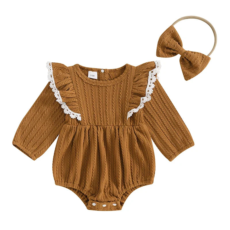 Baby Girls 2Pcs Set Lace Ruffled Trim Ribbed Long Sleeve Round Neck Romper Bow Headband Outfit