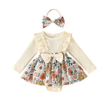 Baby Toddler Girls 2Pcs Fall Outfit Flower Print Ruffle Trim Long Sleeve Romper Dress Skirt Bow Headband Set