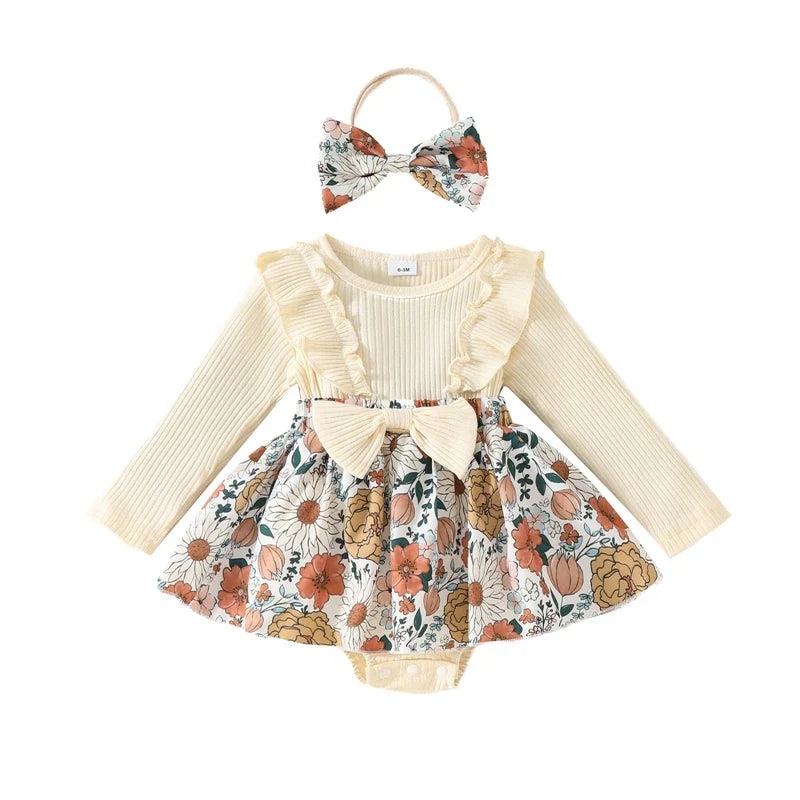 Baby Toddler Girls 2Pcs Fall Outfit Flower Print Ruffle Trim Long Sleeve Romper Dress Skirt Bow Headband Set