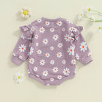 Baby Girl Bubble Romper Flower Daisy Print Round Neck Long Sleeve Jumpsuit