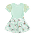 Toddler Kids Girls 2Pcs Summer Outfit Mesh Flower Sleeve Ribbed Top Floral Checker Print Skirt Set