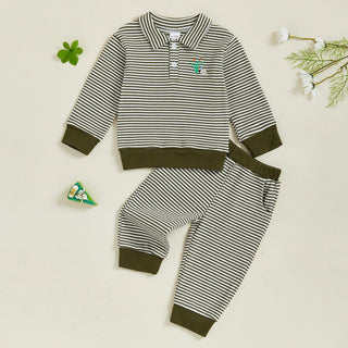 Baby Toddler Boys 2Pcs Long Sleeve Embroidery Duck Top with Striped Pants Infant Clothes Set