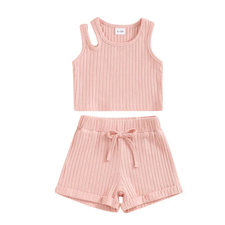Baby Toddler Girls 2Pcs Ribbed Tank Top Elastic Waistband Drawstring Shorts Matching Outfit Set