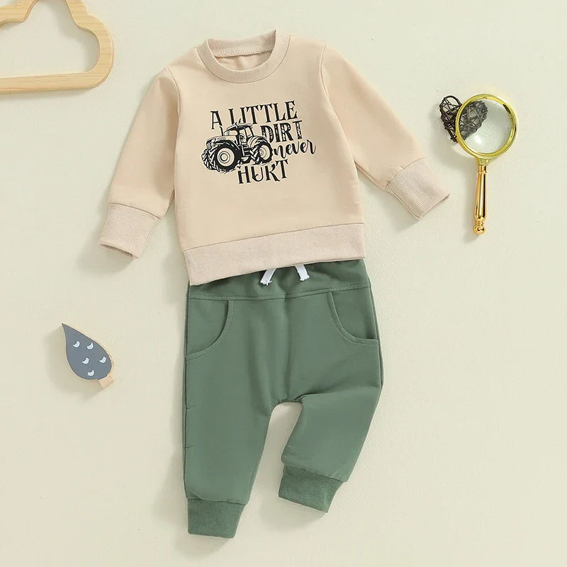 Baby Toddler Boys 2Pcs A Little Dirt Never Hurt/ Just One More Tractor I Promise Fall Outfit Letter Tractor Print Long Sleeve Top and Long Pants Set