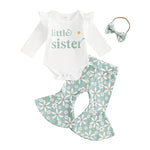 Baby Girls 3Pcs Little Sister Fall Set Frill Sleeve Letter Print Romper Floral Flower Flared Pants Headband Outfit