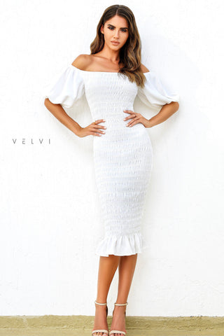 Skyla Shirred Midi Dress - WHITE - By Baano