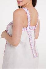 Close-up of Ava Maxi Dress in Graceful Garlands highlighting floral strap detail and soft fabric texture for a feminine touch.