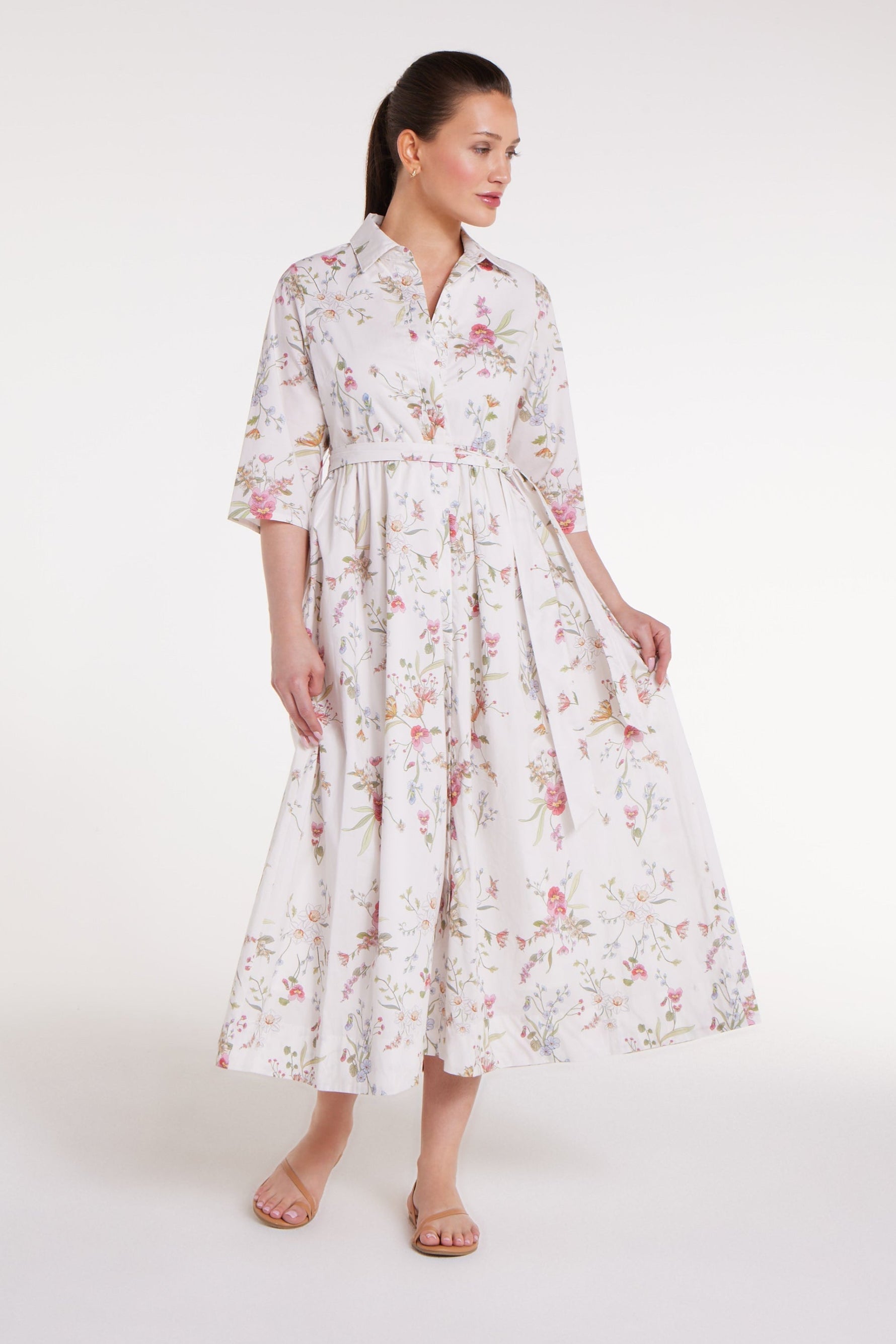 Francesca Collared Belted Maxi Dress in White Floral featuring pleated skirt and floral print, a chic choice in women's dresses by Hermoza.