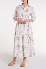 Francesca Collared Belted Maxi Dress in White Floral with 3/4 sleeves and button-down front, perfect for spring fashion in dresses category.