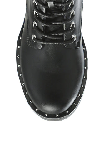 Camel Stud Lined Lace-Up Biker Boots