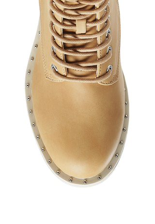 Camel Stud Lined Lace-Up Biker Boots