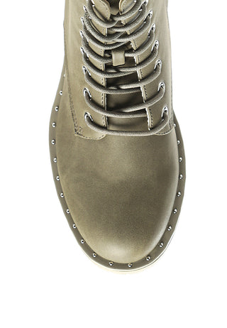 Camel Stud Lined Lace-Up Biker Boots