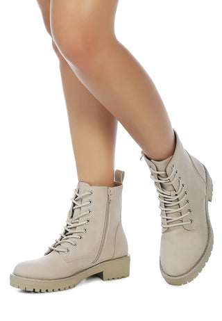 Camel Stud Lined Lace-Up Biker Boots