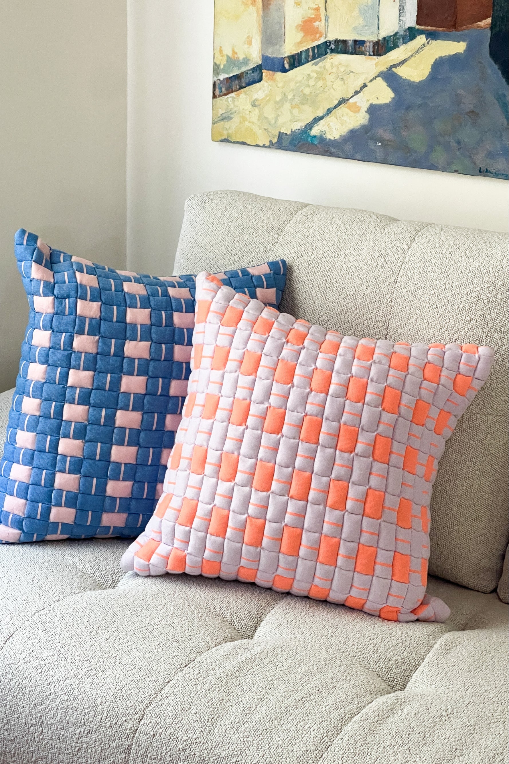 Sujani Quilted Pillow — Pastel Lilac and Neon Orange