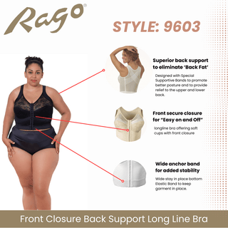 Style 9603 | Front Closure Back Support Long Line Bra - Black Rago Shapewear