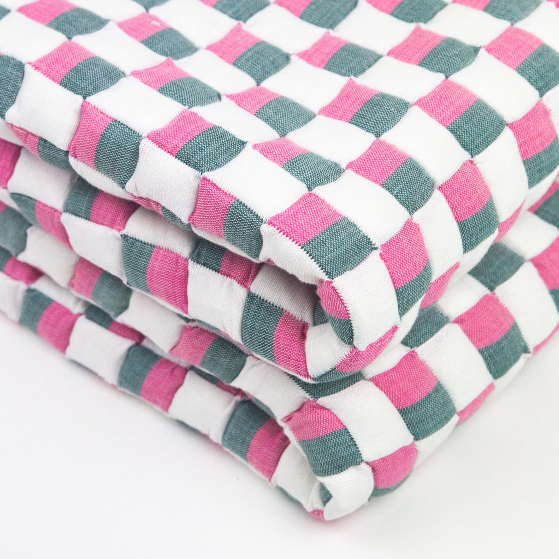 Quilted Sujani Throw Blanket - Pink, Green and White