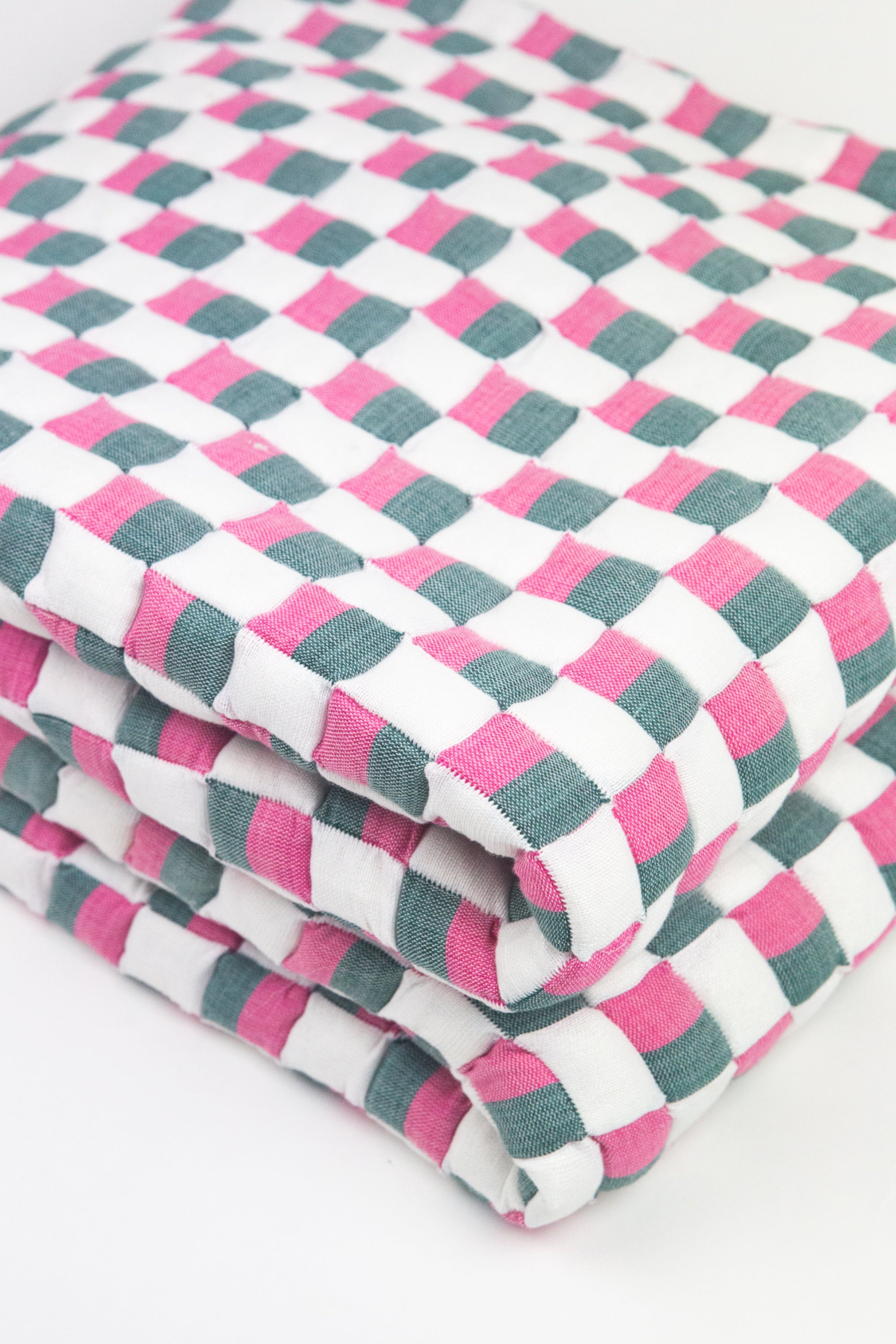 Quilted Sujani Throw Blanket - Pink, Green and White
