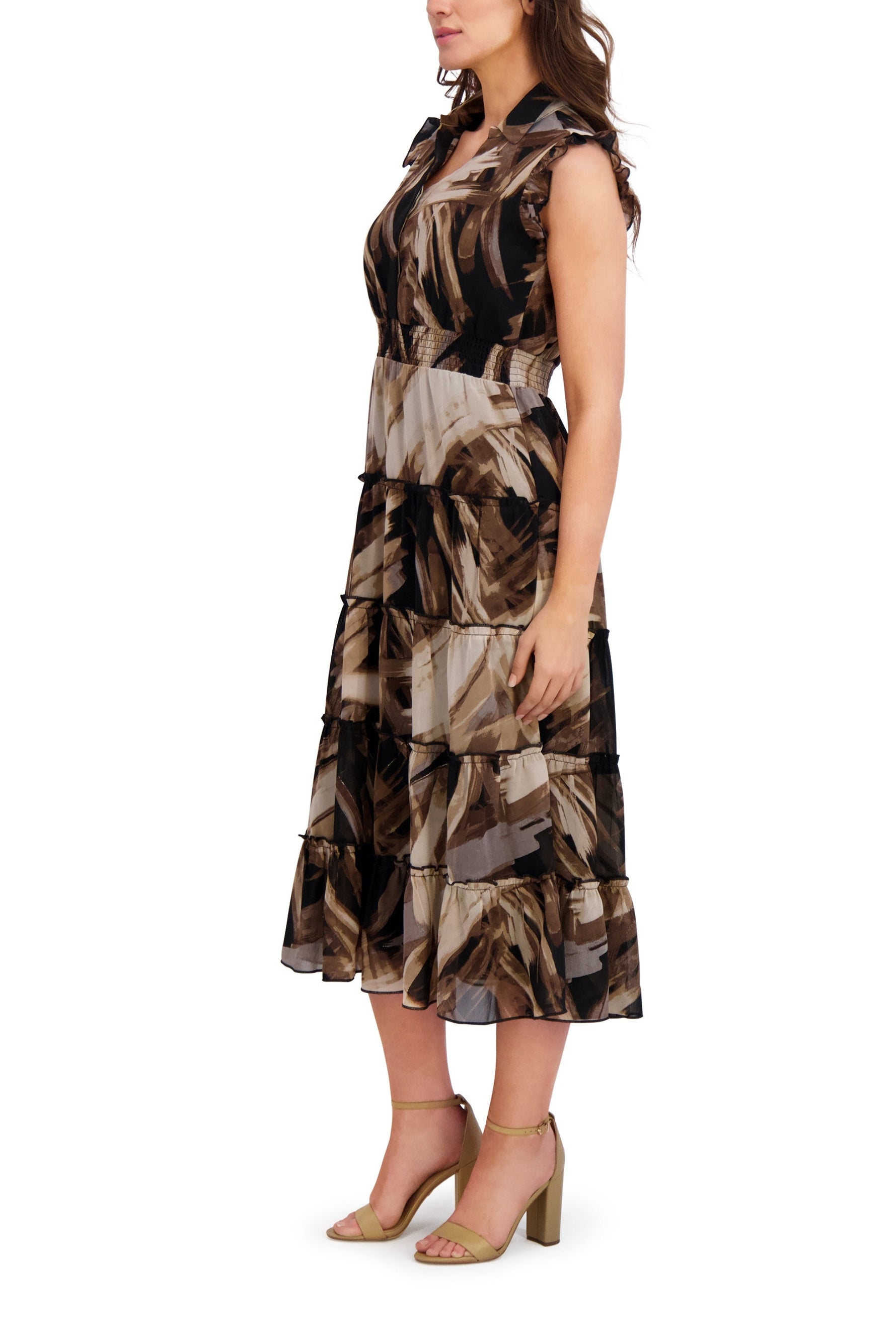 London Times Spread Collar Short Flutter Sleeves Smocked Waist Ruffled Tiered Skirt Maxi Dress