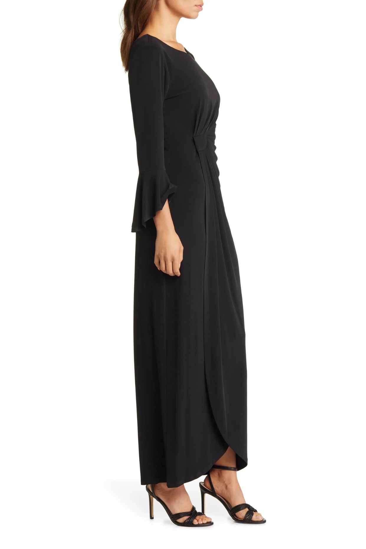 Connected Apparel Boat Neck Circular Flounce Sleeve Gathered Side Solid ITY Gown