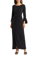 Connected Apparel Boat Neck Circular Flounce Sleeve Gathered Side Solid ITY Gown