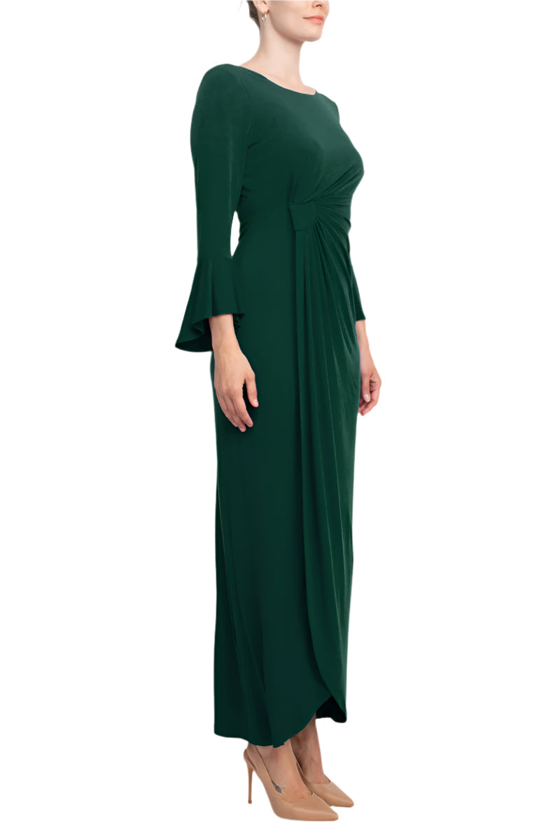 Connected Apparel Boat Neck Circular Flounce Sleeve Gathered Side Solid ITY Gown
