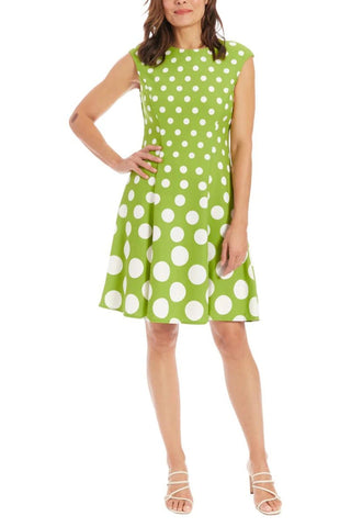 London Times Crew Neck Cap Sleeve Box Pleated Polka Dot Print Jersey Dress - By Baano