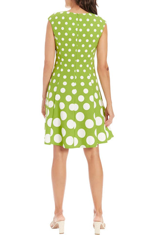 London Times Crew Neck Cap Sleeve Box Pleated Polka Dot Print Jersey Dress - By Baano