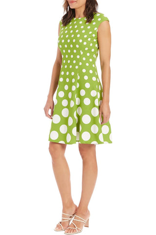 London Times Crew Neck Cap Sleeve Box Pleated Polka Dot Print Jersey Dress - By Baano