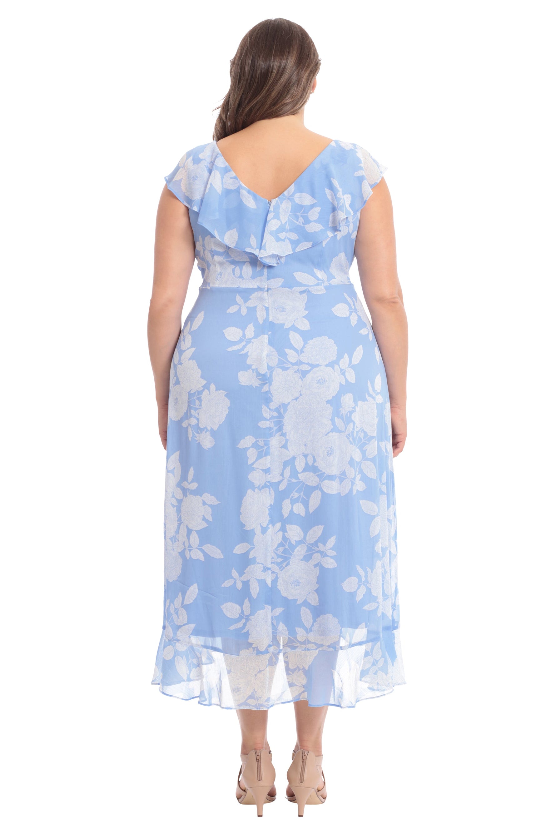 London Times Ruffled Wrap Bodice Short Flutter Sleeve Flowing Maxi Skirt Dress