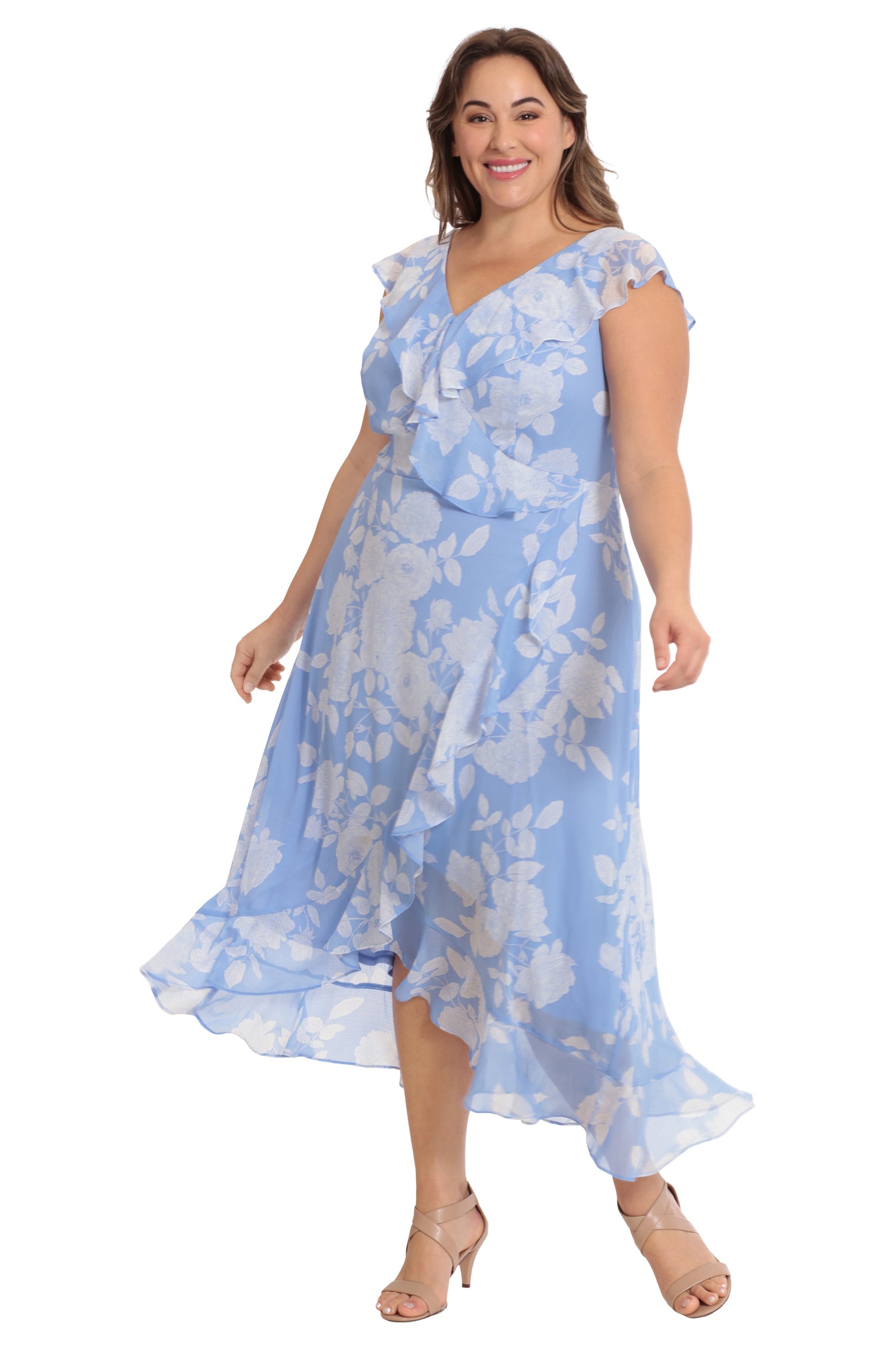 London Times Ruffled Wrap Bodice Short Flutter Sleeve Flowing Maxi Skirt Dress