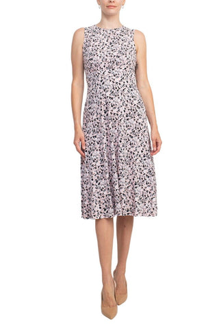 London Times Crew Neck Sleeveless Ruched Front Multi Print Zipper Back Banded Waist Fit & Flare Matte Jersey Dress - Glamourous Grace
