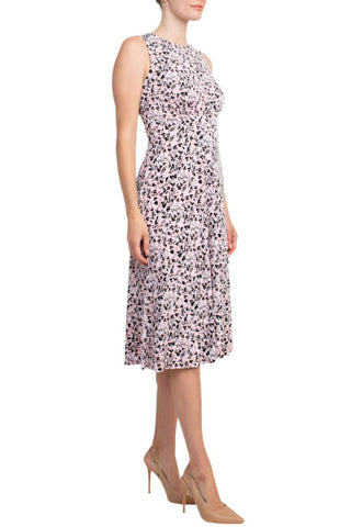 London Times Crew Neck Sleeveless Ruched Front Multi Print Zipper Back Banded Waist Fit & Flare Matte Jersey Dress - Glamourous Grace