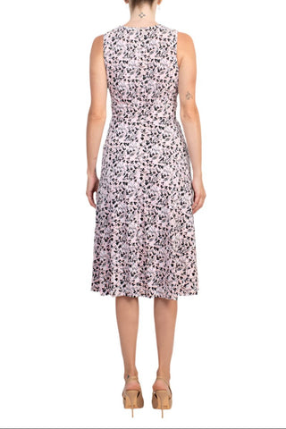 London Times Crew Neck Sleeveless Ruched Front Multi Print Zipper Back Banded Waist Fit & Flare Matte Jersey Dress - Glamourous Grace